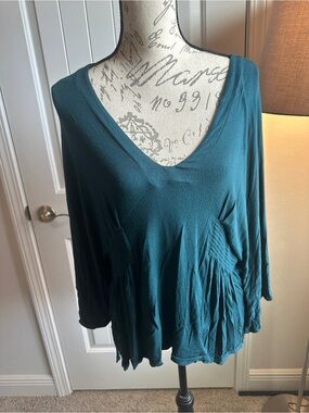 Free People Teal V-Neck Relaxed Pleated Waist Blouse